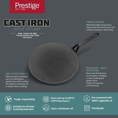 Prestige Cast Iron Curved Tawa 26 Cm ,Induction Cast Iron Tawa Pan For Roti/Chapati/Dosa  With Stick Handle ,Pre-Seasoned Cast Iron Cookware 