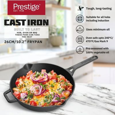 Prestige Cast Iron Fry Pan 26 Cm ,Cast Iron Skillet ,Induction Frying Pan ,Iron Fry Pan , Pre-Seasoned Cast Iron Cookware 