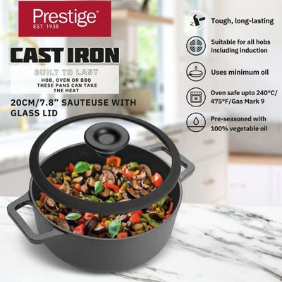 Prestige Cast Iron Casserole 20 Cm ,Induction Cooking Pot With Glass  Lid ,Biryani Pot  With Heavy Bottom |Pre-Seasoned Cast Iron Cookware, Black