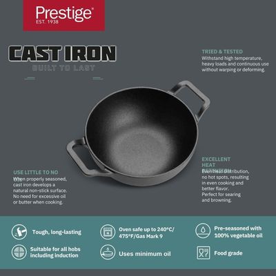 Prestige Cast Iron Casserole 20 Cm ,Induction Cooking Pot With Glass  Lid ,Biryani Pot  With Heavy Bottom |Pre-Seasoned Cast Iron Cookware, Black