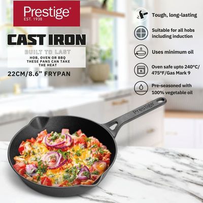 Prestige Cast Iron Fry Pan 22 Cm ,Cast Iron Skillet ,Induction Frying Pan ,Iron Fry Pan , Pre-Seasoned Cast Iron Cookware 