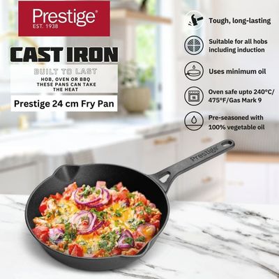 Prestige Cast Iron Fry Pan 24 Cm ,Cast Iron Skillet ,Induction Frying Pan ,Iron Fry Pan , Pre-Seasoned Cast Iron Cookware