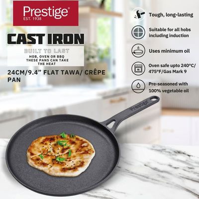 Prestige Cast Iron Flat Tawa 24 Cm ,Induction Base Tawa Pan For Dosa/Roti/Chapati With Stick Handle ,Pre-Seasoned Cast Iron Cookware -Black