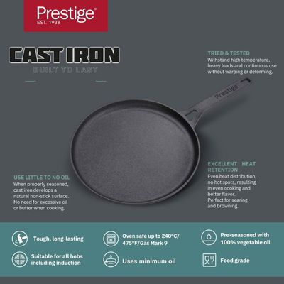 Prestige Cast Iron Flat Tawa 24 Cm ,Induction Base Tawa Pan For Dosa/Roti/Chapati With Stick Handle ,Pre-Seasoned Cast Iron Cookware -Black