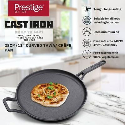 Prestige Cast Iron Flat Tawa 28 Cm ,Induction Cast Iron Tawa Pan For Roti/Chapati/Dosa With Stick Handle ,Pre-Seasoned Cast Iron Cookware