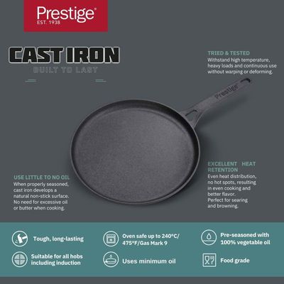 Prestige Cast Iron Flat Tawa 28 Cm ,Induction Cast Iron Tawa Pan For Roti/Chapati/Dosa With Stick Handle ,Pre-Seasoned Cast Iron Cookware