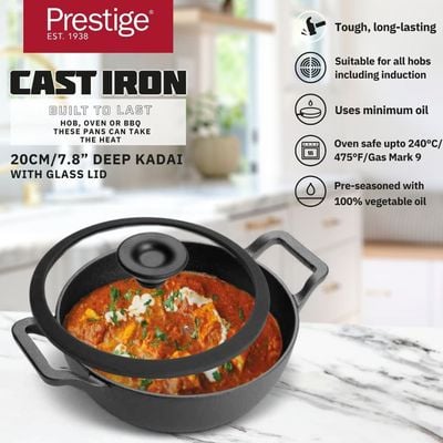 Prestige Cast Iron Kadai 20 Cm ,Iron Kadhai With Glass Lid For Cooking And Deep Frying , Pre Seasoned Induction Cookware - Black 