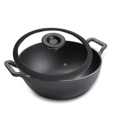 Prestige Cast Iron Kadai 20 Cm ,Iron Kadhai With Glass Lid For Cooking And Deep Frying , Pre Seasoned Induction Cookware - Black 