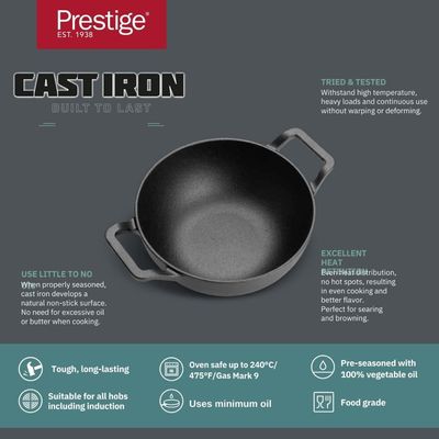 Prestige Cast Iron Kadai 24 Cm ,Iron Kadhai With Glass Lid For Cooking And Deep Frying , Pre Seasoned Induction Cookware - Black