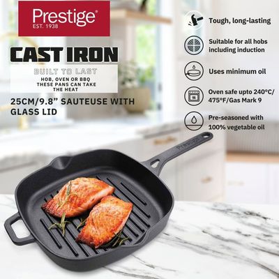 Prestige Cast Iron Grill 24 Cm ,Iron Grill Pan With Glass Lid With Handle ,Pre Seasoned Induction Cookware Black 