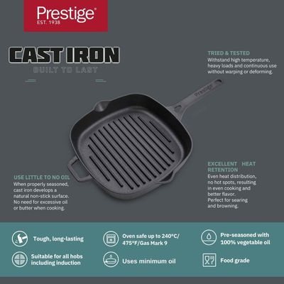 Prestige Cast Iron Grill 24 Cm ,Iron Grill Pan With Glass Lid With Handle ,Pre Seasoned Induction Cookware Black 