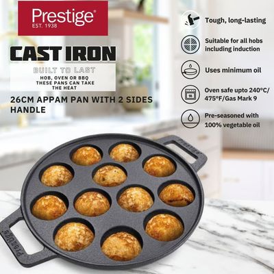 Prestige Cast Iron Appam Pan 26 Cm ,Duel Handle Appam Pan With Glass Lid With ,Pre Seasoned Induction Cookware - Black