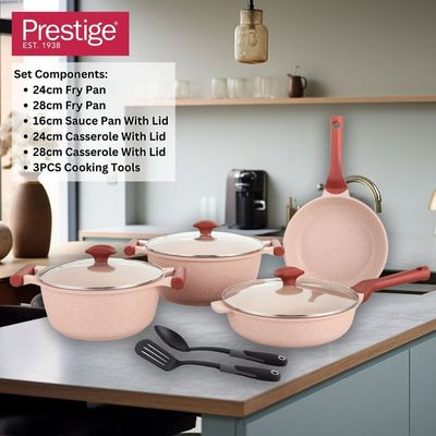 Prestige Essentials Nonstick Pots And Pans Cookware Set 9 Pieces - Pink