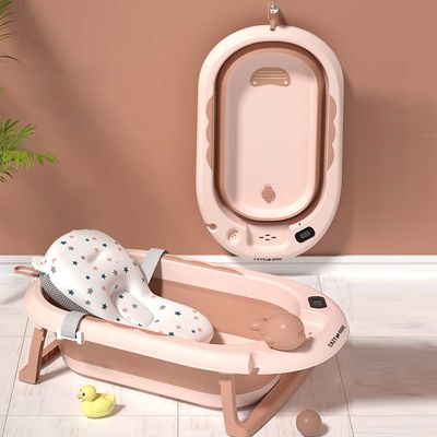 Eazy Kids Temperature Controlled Foldable Bathtub w/ Intelligent Temperature Monitoring Thermometer and Baby Head Shampoo Wash Rinse Mug - Orange