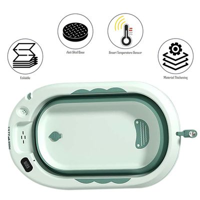 Eazy Kids Temperature Controlled Foldable Bathtub w/ Intelligent Temperature Monitoring Thermometer and Baby Head Shampoo Wash Rinse Mug - Green
