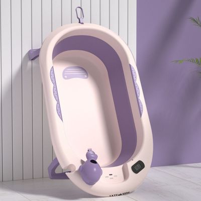 Eazy Kids Temperature Controlled Foldable Bathtub w / Intelligent Temperature Monitoring Thermometer and Baby Head Shampoo Wash Rinse Mug - Purple