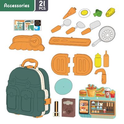 Little Story Role Play Chef / Kitchen / Restaurant Toy Set School Bag (21 Pcs) - Green, 3 - In - 1 Mode