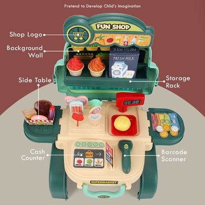 Little Story Role Play Shopkeeper/Supermarket Toy Set School Bag (36 Pcs) - Green, 3-In-1 Mode