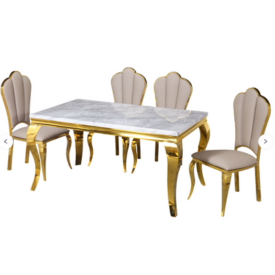 Maple Home Luxurious Dining Chair Table Set Armless Leather Chair Marble Table Dining Room Golden Stainless Steel Legs Furniture 