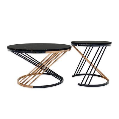 MAPLE HOME Round Coffee Table Set of 2 Large Faux Black Marble Centre Table Living Room Modern Luxury Style Nesting Tables Home Decor Reception Room Office