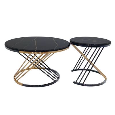 MAPLE HOME Round Coffee Table Set of 2 Large Faux Black Marble Centre Table Living Room Modern Luxury Style Nesting Tables Home Decor Reception Room Office