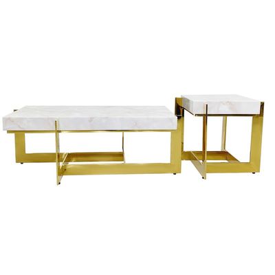 Maple Home Coffee Table Set Nordic Marble Pattern Glass Top Luxury Stainless Steel Frame Coffee Table