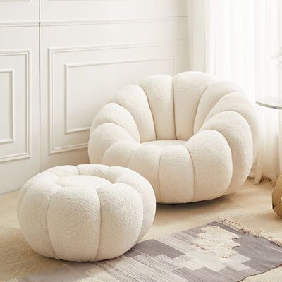 Maple Home Nordic Pumpkin Lazy Couch Lamb Plush Fabric 360°Swivel Sofa Leisure Armchair Backrest With Footrest Creative Luxury Modern Living Bedroom Home Furniture Single Seater+Footrest