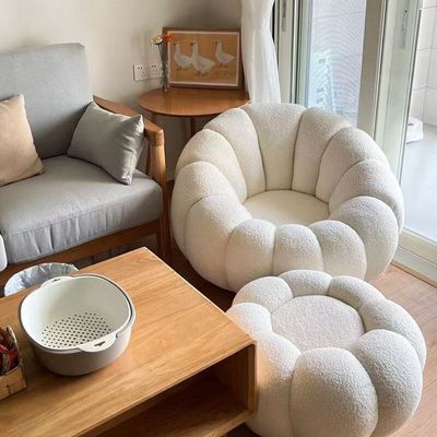 Maple Home Nordic Pumpkin Lazy Couch Lamb Plush Fabric 360°Swivel Sofa Leisure Armchair Backrest With Footrest Creative Luxury Modern Living Bedroom Home Furniture Single Seater+Footrest