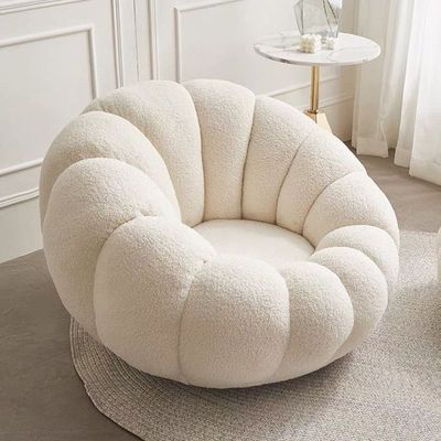 Maple Home Nordic Pumpkin Lazy Couch Lamb Plush Fabric 360°Swivel Sofa Leisure Armchair Backrest With Footrest Creative Luxury Modern Living Bedroom Home Furniture Single Seater+Footrest