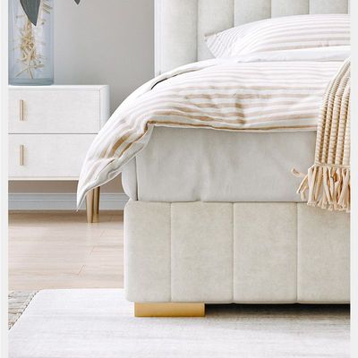 Maple Home Bed Frame Wood Upholstered Modern Velvet King Queen Size Floating Bed Base Bedroom Furniture Off-White