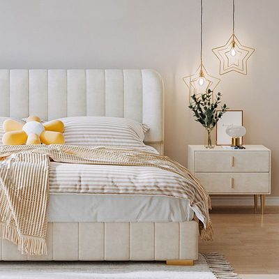 Maple Home Bed Frame Wood Upholstered Modern Velvet King Queen Size Floating Bed Base Bedroom Furniture Off-White