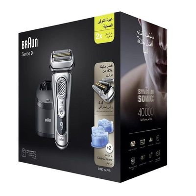 Braun Series 9 9390Cc Wet & Dry Electric Shaver Special Edition With Clean Charge Station Leather Travel Case + Ccr 2, Silver