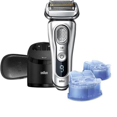 Braun Series 9 9390Cc Wet & Dry Electric Shaver Special Edition With Clean Charge Station Leather Travel Case + Ccr 2, Silver