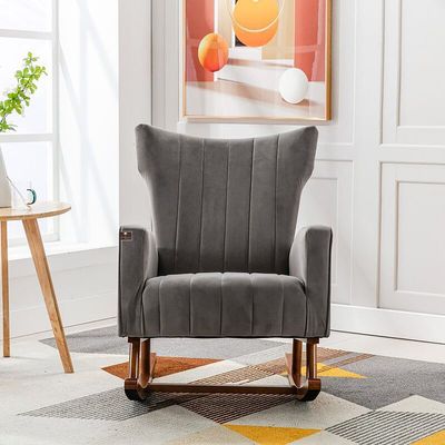 Wooden Velvet Accent Rocking Chair (Grey)