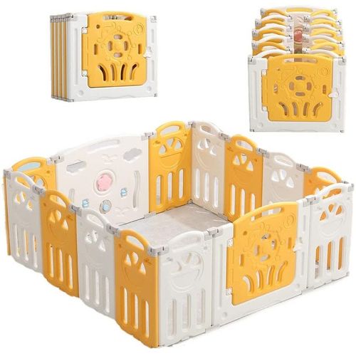 Royal Fortune 14 panel Foldable Baby Playpen for Kids Safety Play Yard - Game Panel and Gate with Safety Lock Adjustable Shape for Children Toddlers Indoors or Outdoors(Yellow+White, 14 Panel)