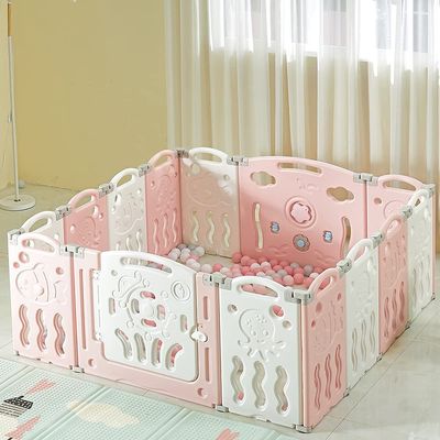 HOCC Marine theme Foldable Baby Playpen with 14 Panels, Play Panel and Safety Lock Door, Adjustable Shape for Toddlers Indoors or Outdoors (Pink + White, 14 Panels)