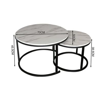 Modern Marble Nesting Coffee Tables With Black Metal Frame Legs, Set Of 2 - White