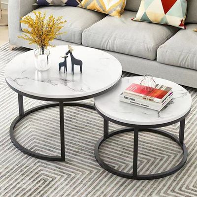 Modern Marble Nesting Coffee Tables With Black Metal Frame Legs, Set Of 2 - White