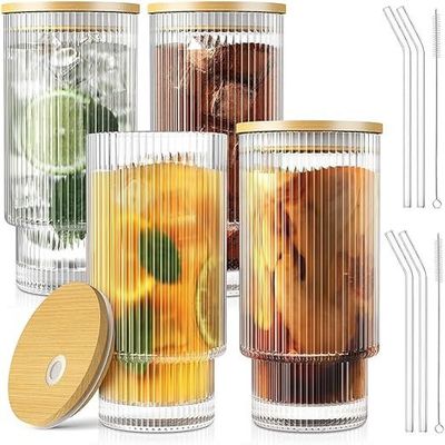 1CHASE® Borosilicate Ribbed Glassware Drinking Glasses with Bamboo Lid and Straws 400 ML ( Set of 4 ) Ribbed Glass Mason Jar Vintage Fluted Glassware