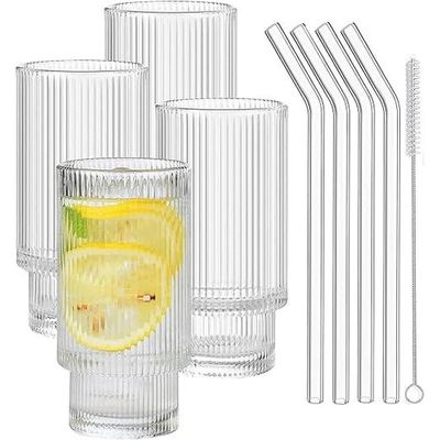 1CHASE® Borosilicate Ribbed Glassware Drinking Glasses with Bamboo Lid and Straws 400 ML ( Set of 4 ) Ribbed Glass Mason Jar Vintage Fluted Glassware