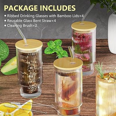 1CHASE® Borosilicate Ribbed Glassware Drinking Glasses with Bamboo Lid and Straws 400 ML ( Set of 4 ) Ribbed Glass Mason Jar Vintage Fluted Glassware