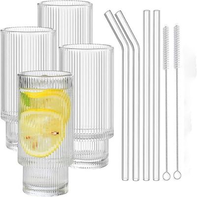 1CHASE® Borosilicate Ribbed Glassware Drinking Glasses with Straws 400 ML ( Set of 4 ) Ribbed Glass Mason Jar Vintage Fluted Glassware