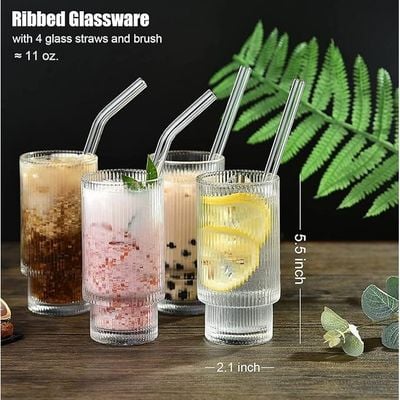 1CHASE® Borosilicate Ribbed Glassware Drinking Glasses with Straws 400 ML ( Set of 4 ) Ribbed Glass Mason Jar Vintage Fluted Glassware