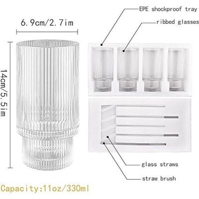 1CHASE® Borosilicate Ribbed Glassware Drinking Glasses with Straws 300 ML ( Set of 4 ) Ribbed Glass Mason Jar Vintage Fluted Glassware