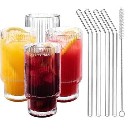 1CHASE® Borosilicate Ribbed Glassware Drinking Glasses with Straws 300 ML ( Set of 4 ) Ribbed Glass Mason Jar Vintage Fluted Glassware