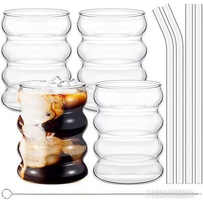1CHASE® Borosilicate Ribbed Glassware Drinking Glasses Aesthetic Cups with Straws 300 ML ( Set of 4 ) Ribbed Glass Mason Jar Vintage Fluted Glassware