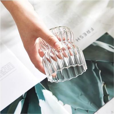 1CHASE® Borosilicate Origami Style Ribbed Glassware Drinking Glass Cups with Straws 300 ML ( Set of 4 ) Ribbed Glass Mason Jar Vintage Fluted Glassware