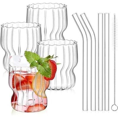 1CHASE® Borosilicate Origami Style Ribbed Glassware Drinking Glass Cups with Straws 300 ML ( Set of 4 ) Ribbed Glass Mason Jar Vintage Fluted Glassware