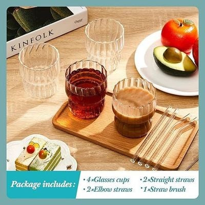 1CHASE® Borosilicate Origami Style Ribbed Glassware Drinking Glass Cups with Straws 300 ML ( Set of 4 ) Ribbed Glass Mason Jar Vintage Fluted Glassware