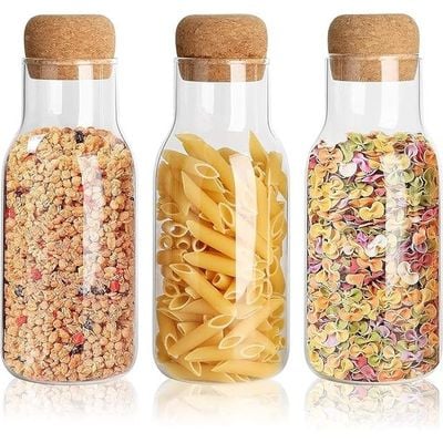 1CHASE® Borosilicate Storage Jar with Cork Lid-Cork Stopper Storage Glass bottle 600 ML (Pack of 3)